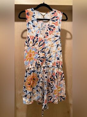 Elan Cream Floral Print Romper with Navy and Coral Accents Size Large